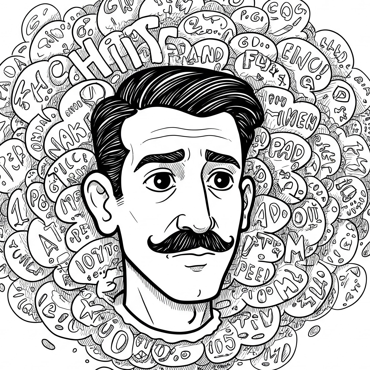 Confused looking man surrounded by gibberish speech bubbles